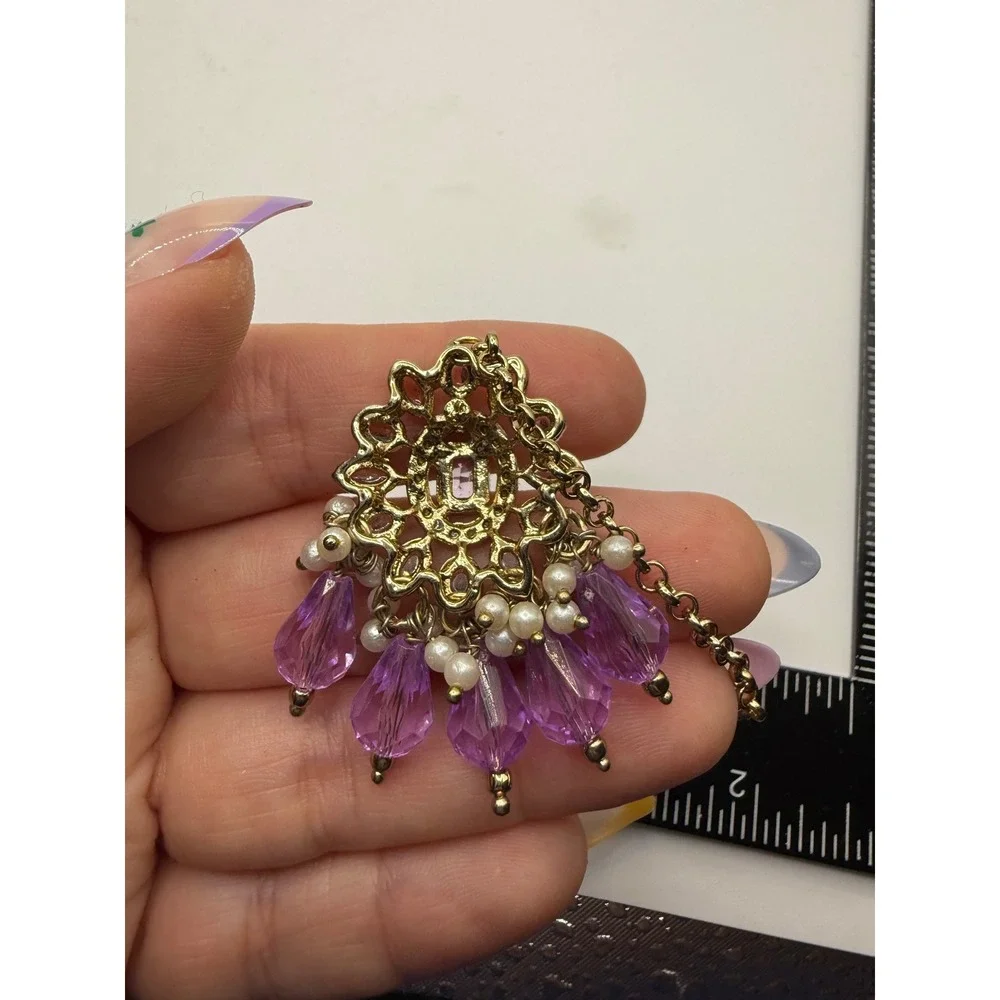 Gold Tone‎ Purple Maang Tikka Indian Hair Jewelry Rhinestone Pearl Headpiece
